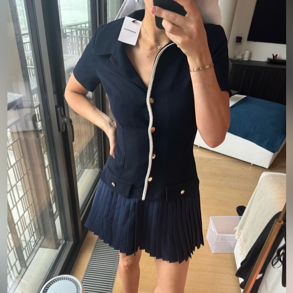 Sandro Navy Pleated Mini Dress with Contrast Trim